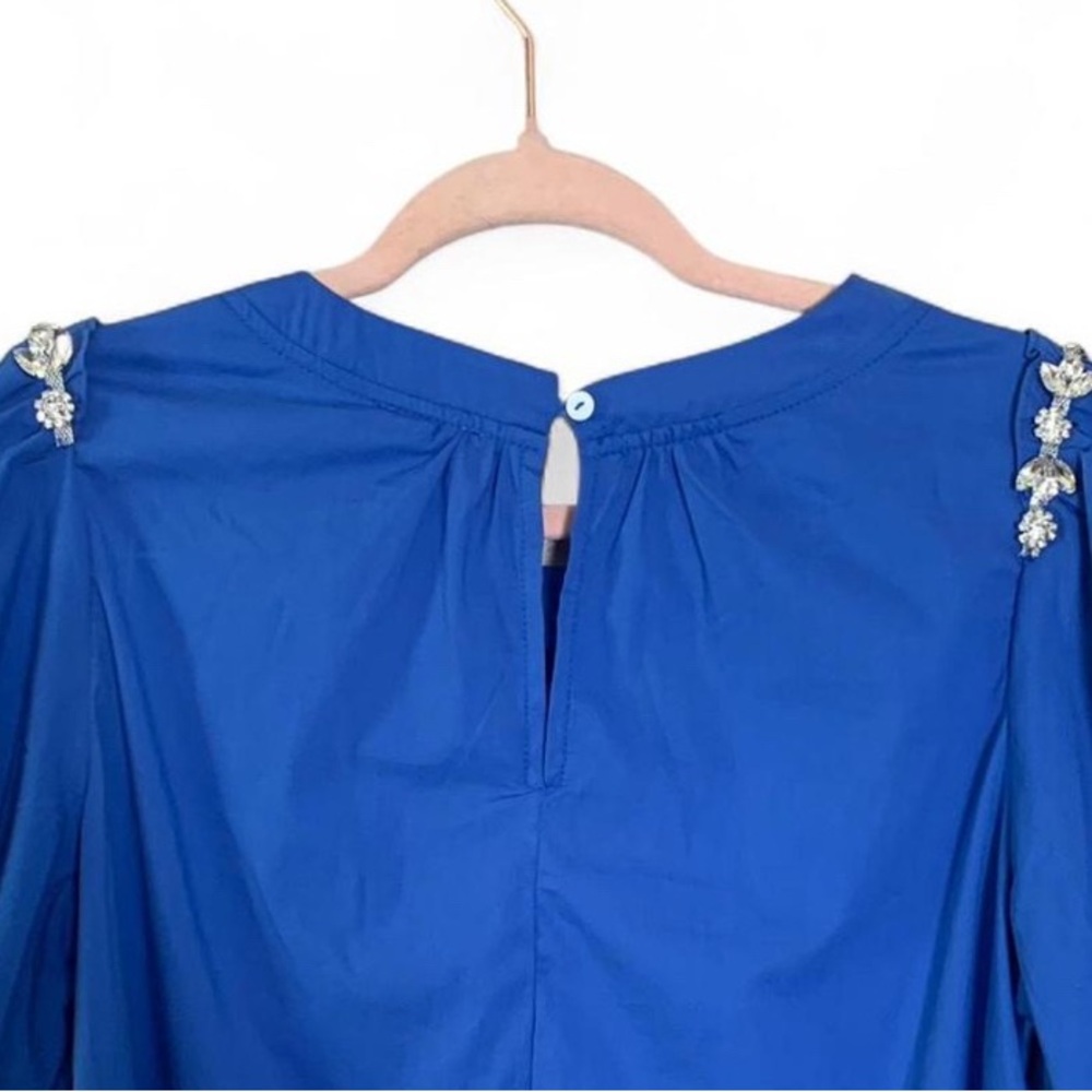 NWT VOY Blue Embellished Puff Sleeve Poplin Top - Size Large - Picture 4 of 8